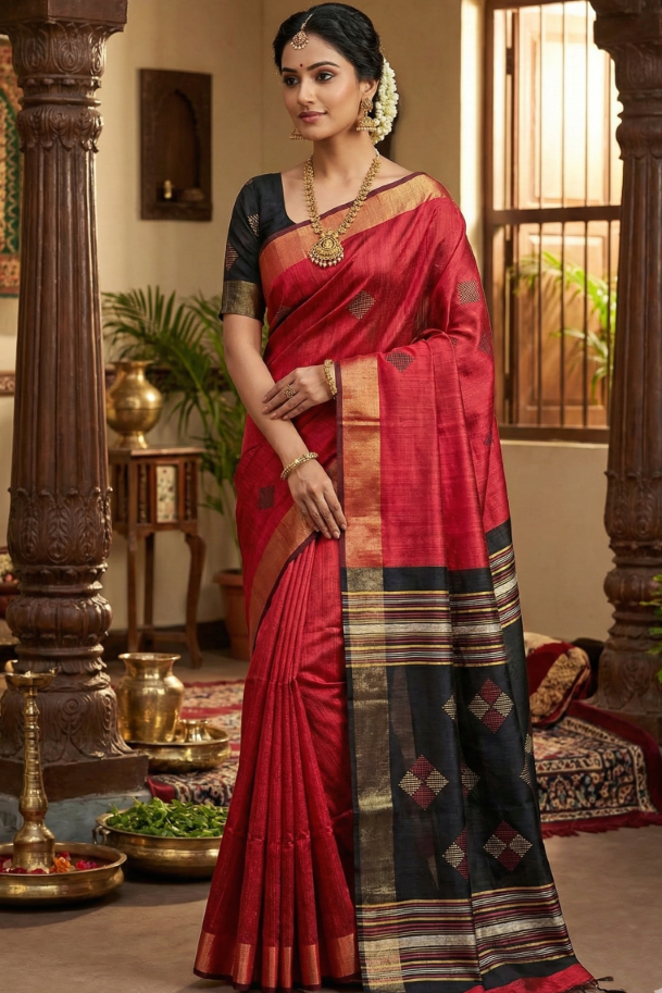 Handloom Silk Saree in Rich Red & Black with Intricate Hand Thread Work